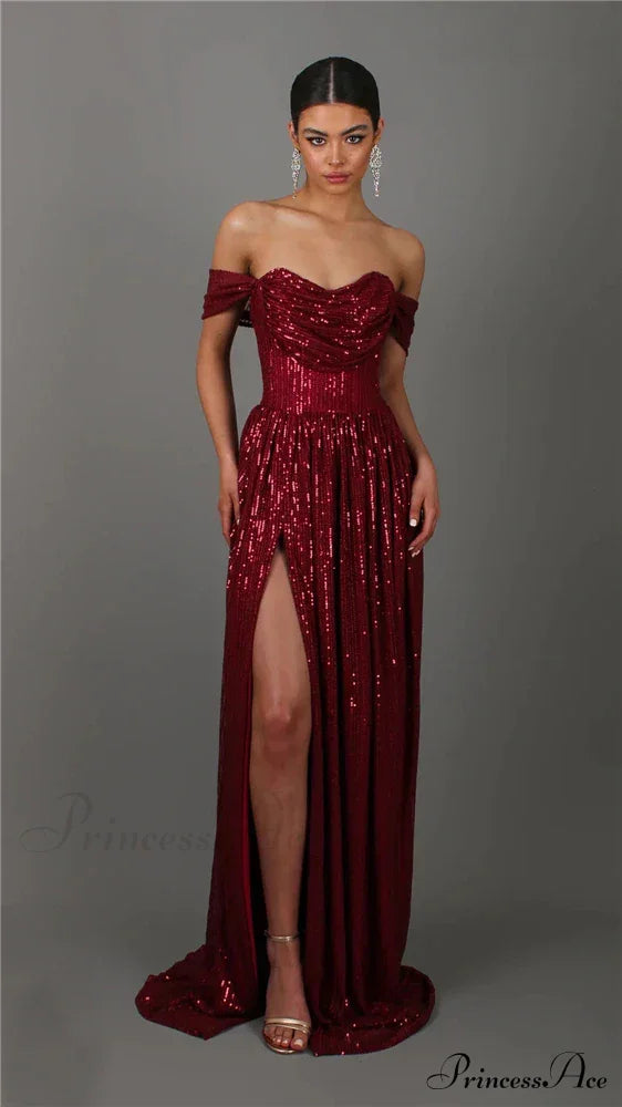 Off-Shoulder Ruched Sequin Party Dress Claret / S Partydress-241208