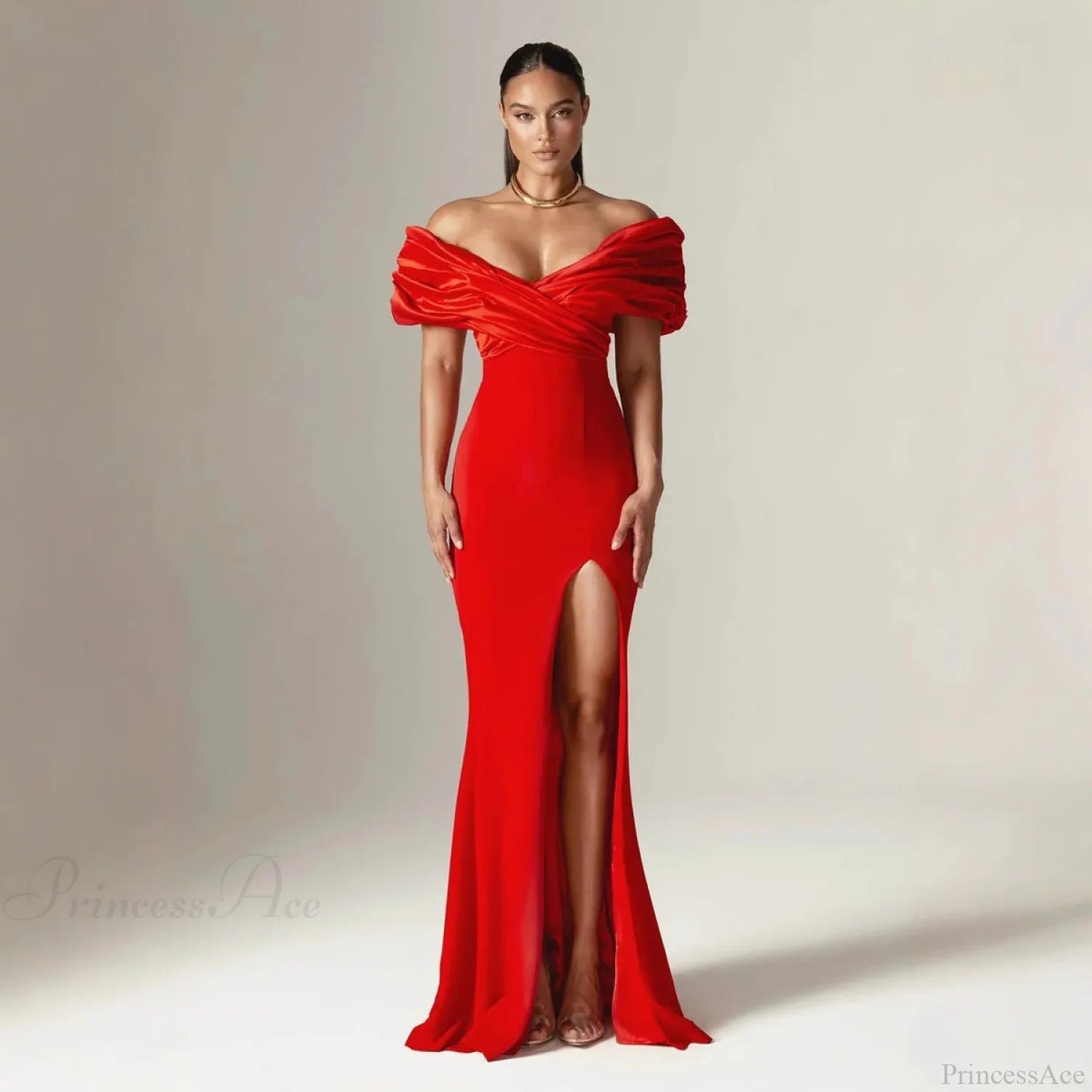Off Shoulder Ruched Slit Satin Maxi Prom Dress promdress-250223