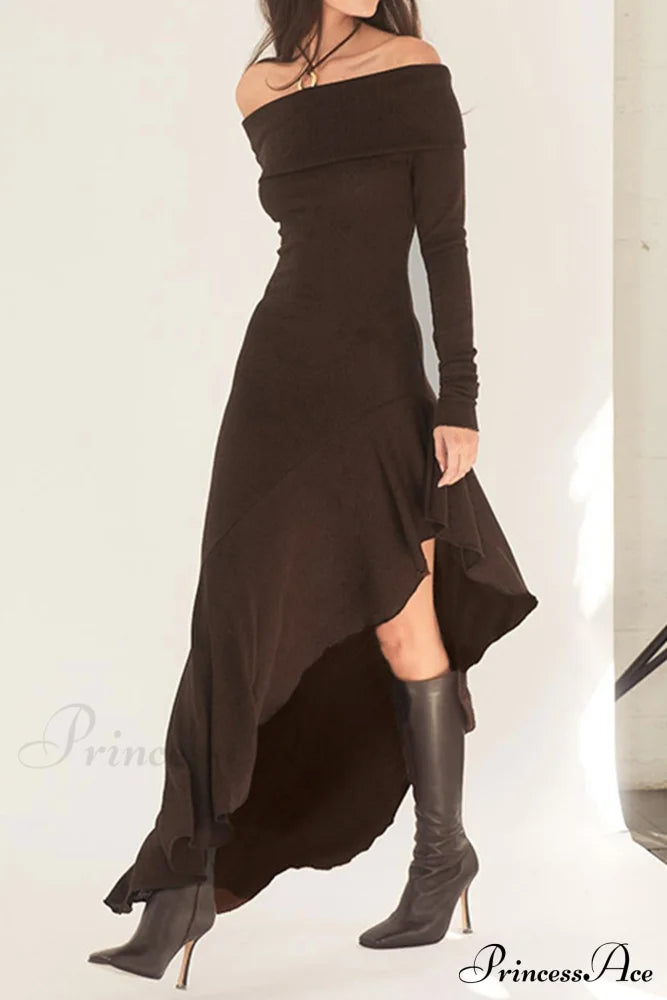 Off Shoulder Ruffle Hem Knit Dress Brown / M Midi Dresses