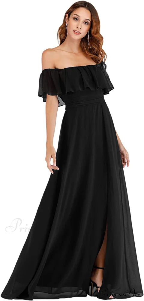 Off Shoulder Ruffle Party Side Split Beach Maxi Dress Black / 22