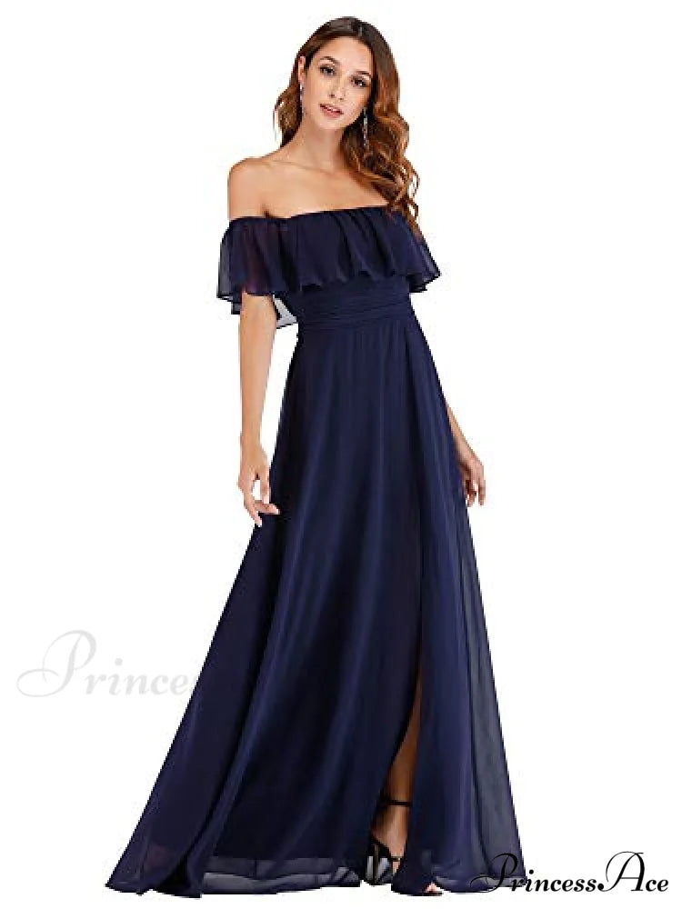 Off Shoulder Ruffle Party Side Split Beach Maxi Dress Navy / 22