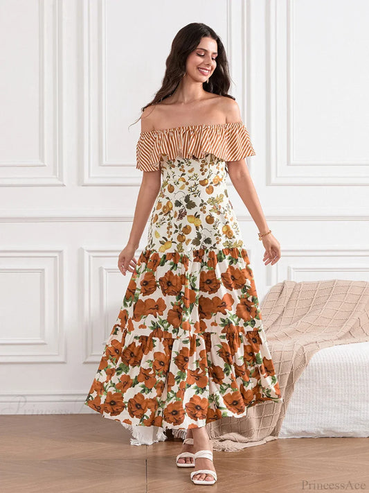 Off-Shoulder Ruffled Ruched Vintage Striped Fruit Flower Floral Dress floraldress-250126