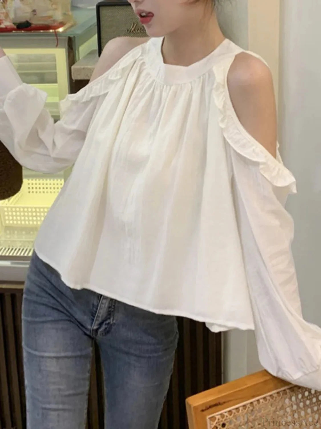Off-Shoulder Ruffled Solid Blouse WHITE / S blouse-250126