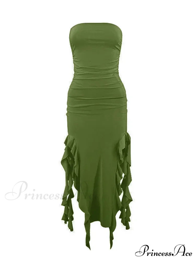 Off Shoulder Ruffles Women’s Elegant Strapless Sleeveless Slim Midi Dress 2024 Summer Fashion