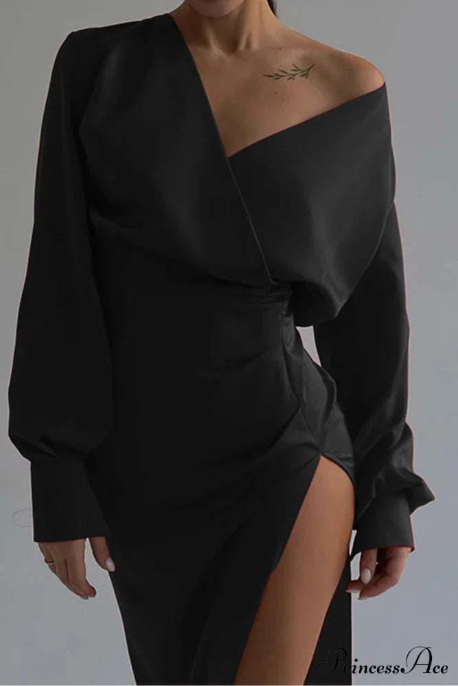 Off Shoulder Satin Dress With Gathered Silt Black / L Midi Dresses