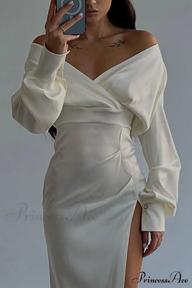 Off Shoulder Satin Dress With Gathered Silt White / L Midi Dresses