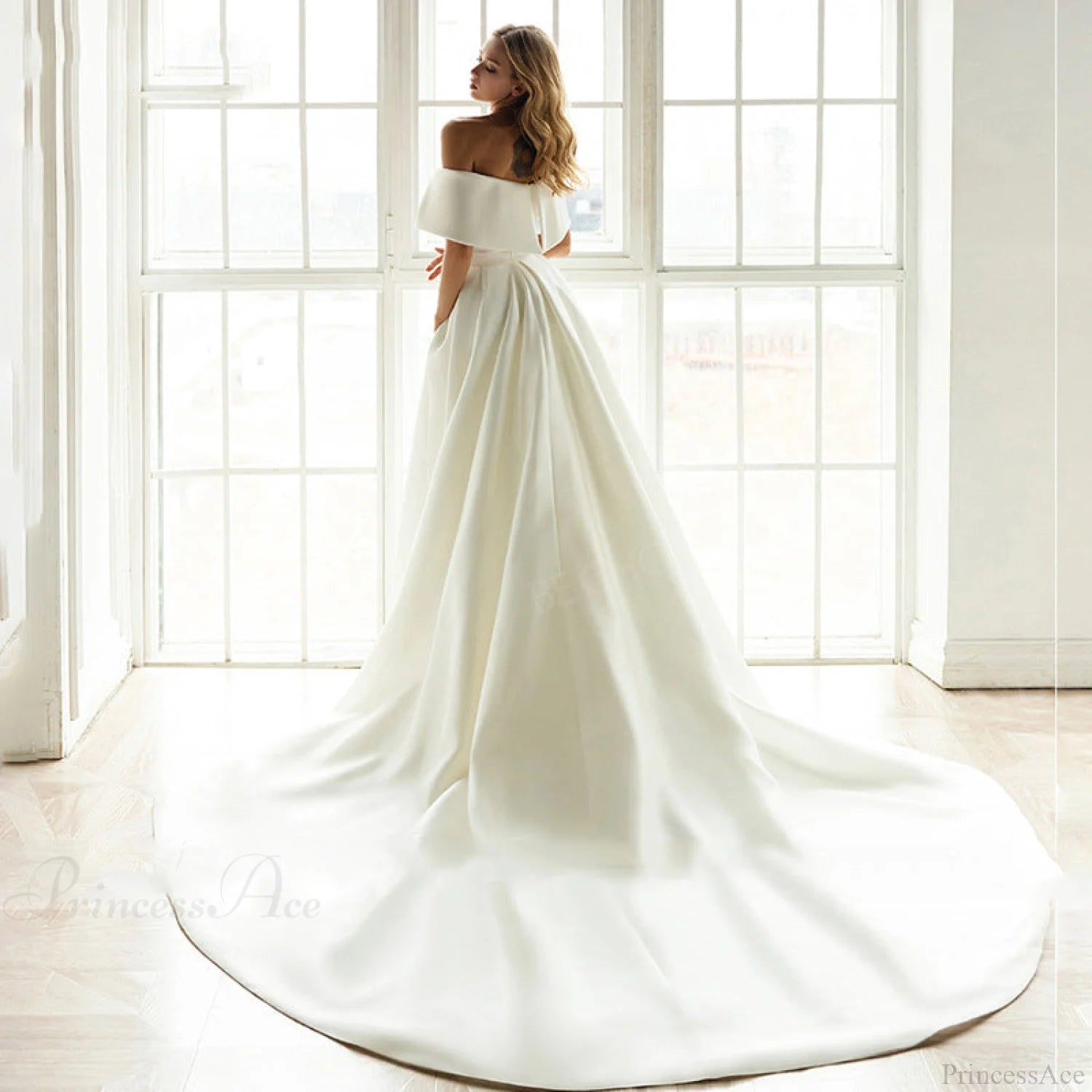 Off-Shoulder Satin Tail Wedding Dress weddingdress-250223