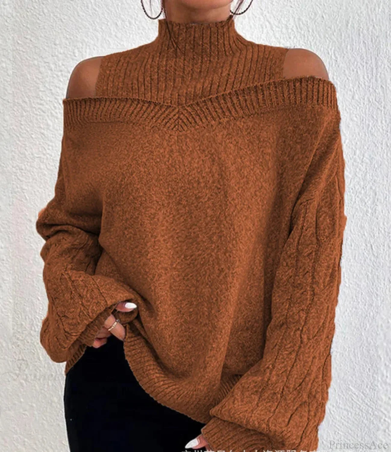 Off Shoulder Semi High Neck Knit Sweater Camel / S