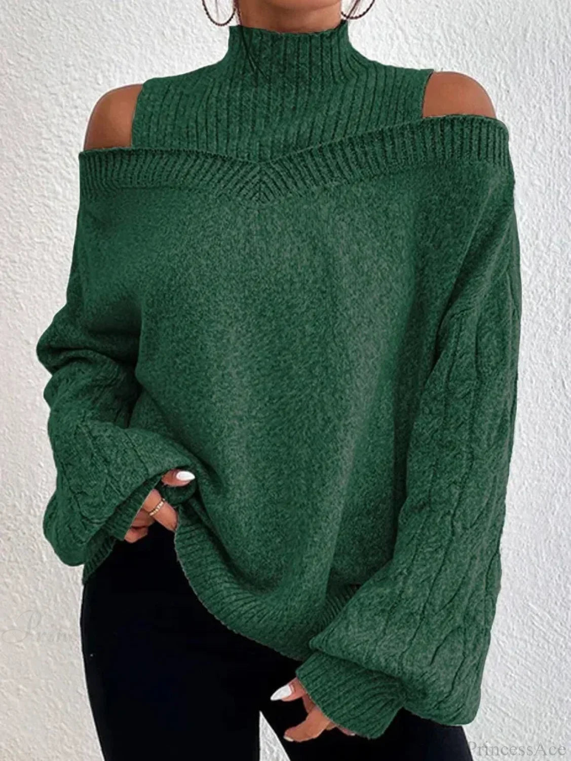 Off Shoulder Semi High Neck Knit Sweater dark green / S