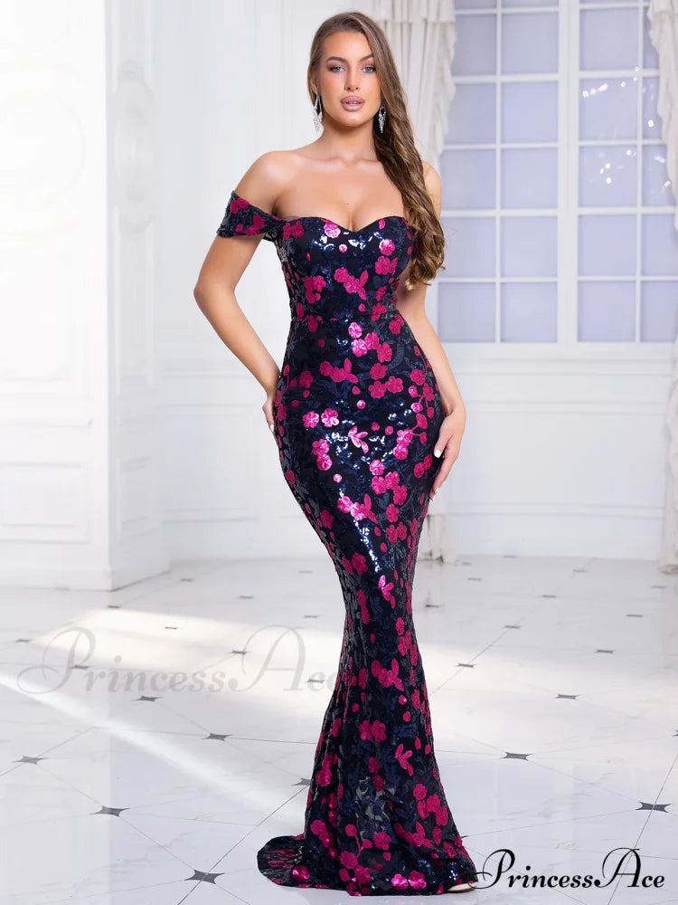 Off-Shoulder Sequin Party Dress Partydress-241208