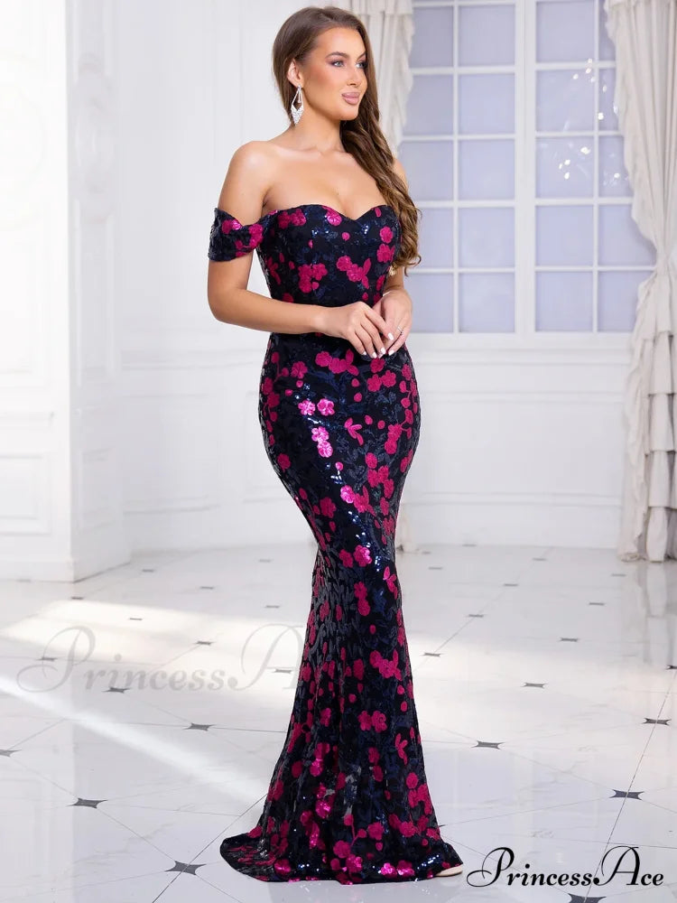 Off-Shoulder Sequin Party Dress Pink / S Partydress-241208