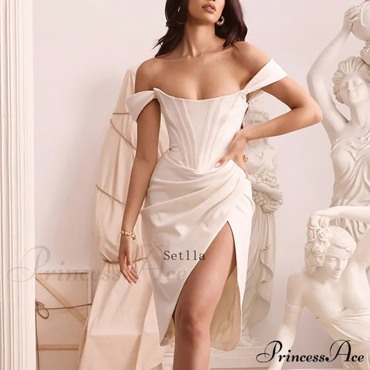 Off Shoulder Split Corset Midi Dress