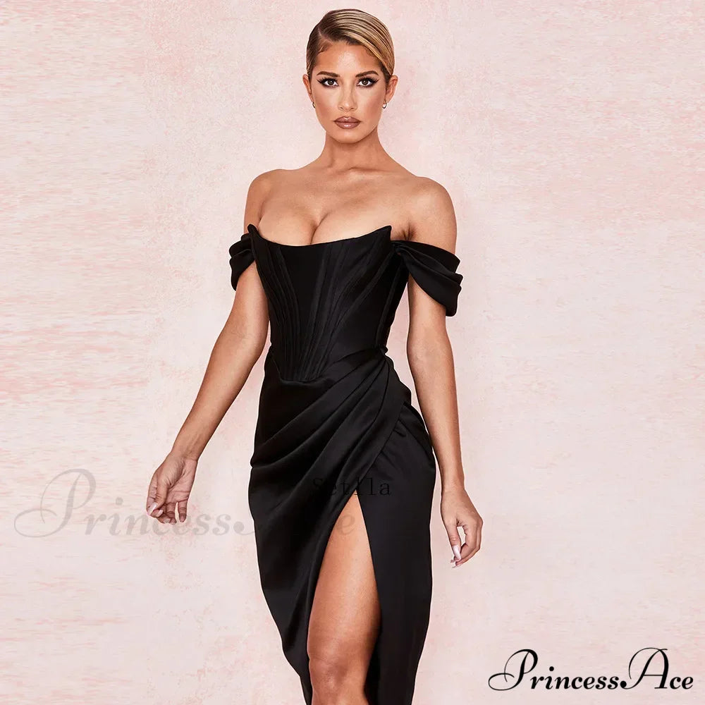 Off Shoulder Split Corset Midi Dress