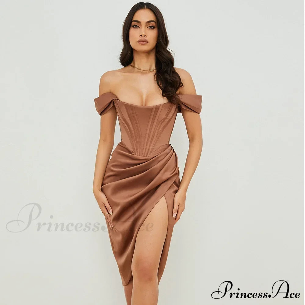 Off Shoulder Split Corset Midi Dress Brown / S