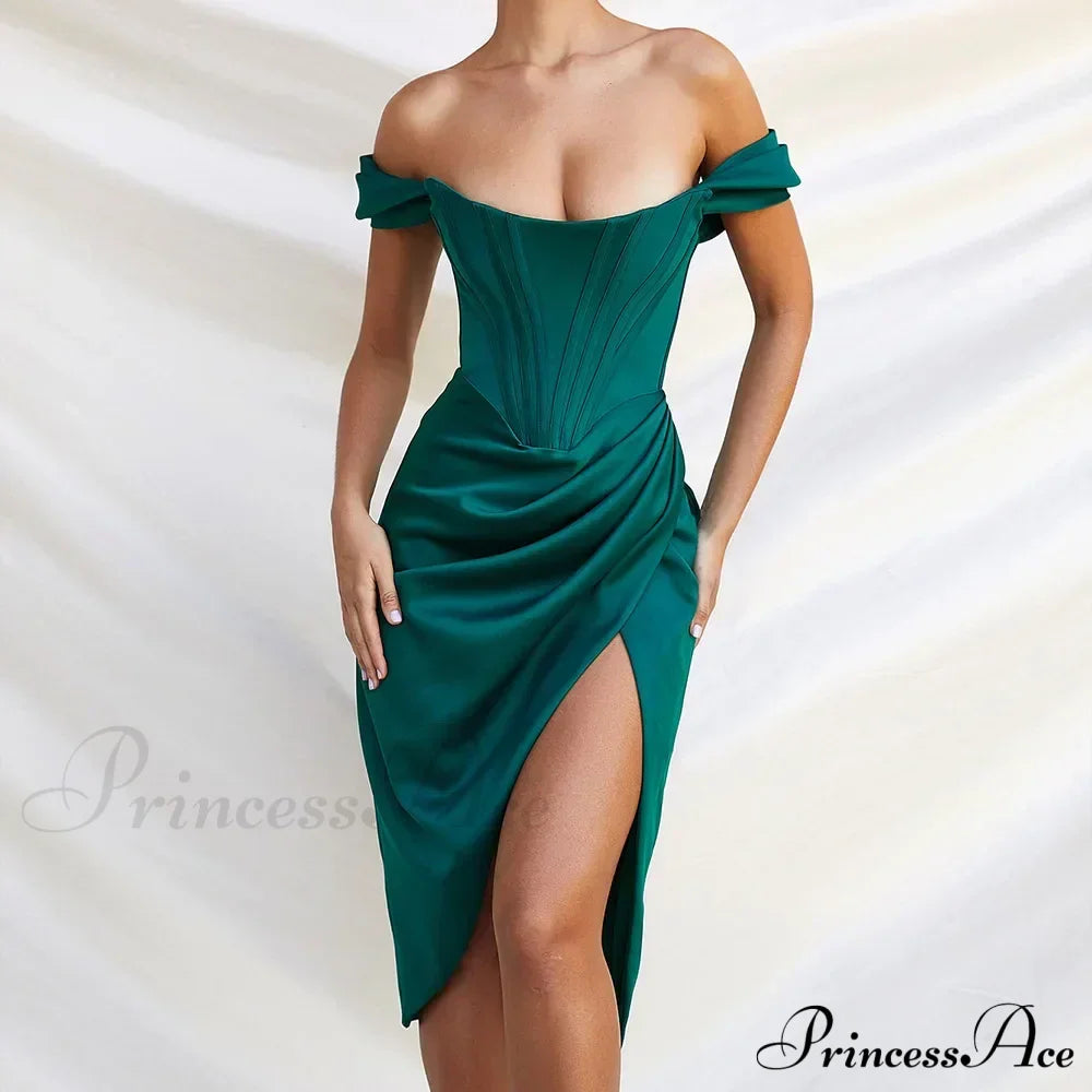 Off Shoulder Split Corset Midi Dress Green / S