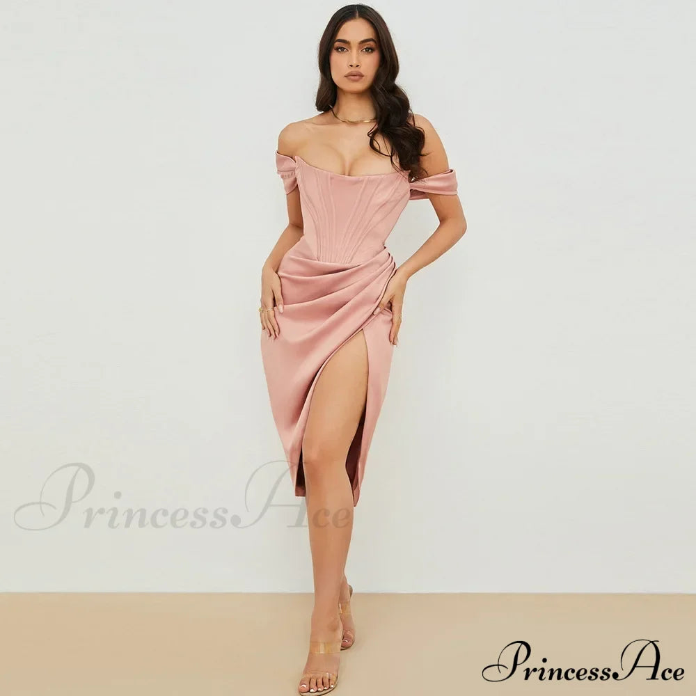 Off Shoulder Split Corset Midi Dress Pink / S