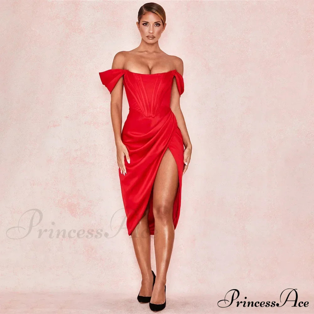 Off Shoulder Split Corset Midi Dress Red / S