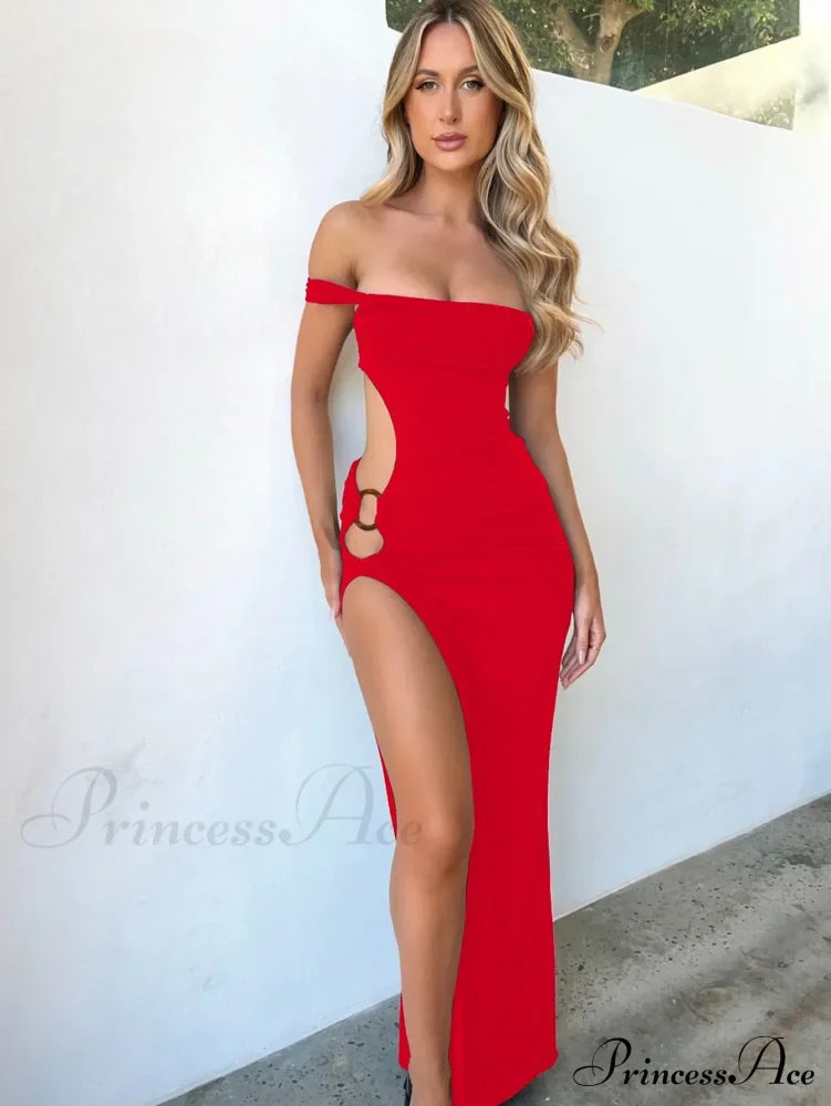 Off Shoulder Split Sleeveless Gown Vestido Sexy Maxi Dress Red / Xs