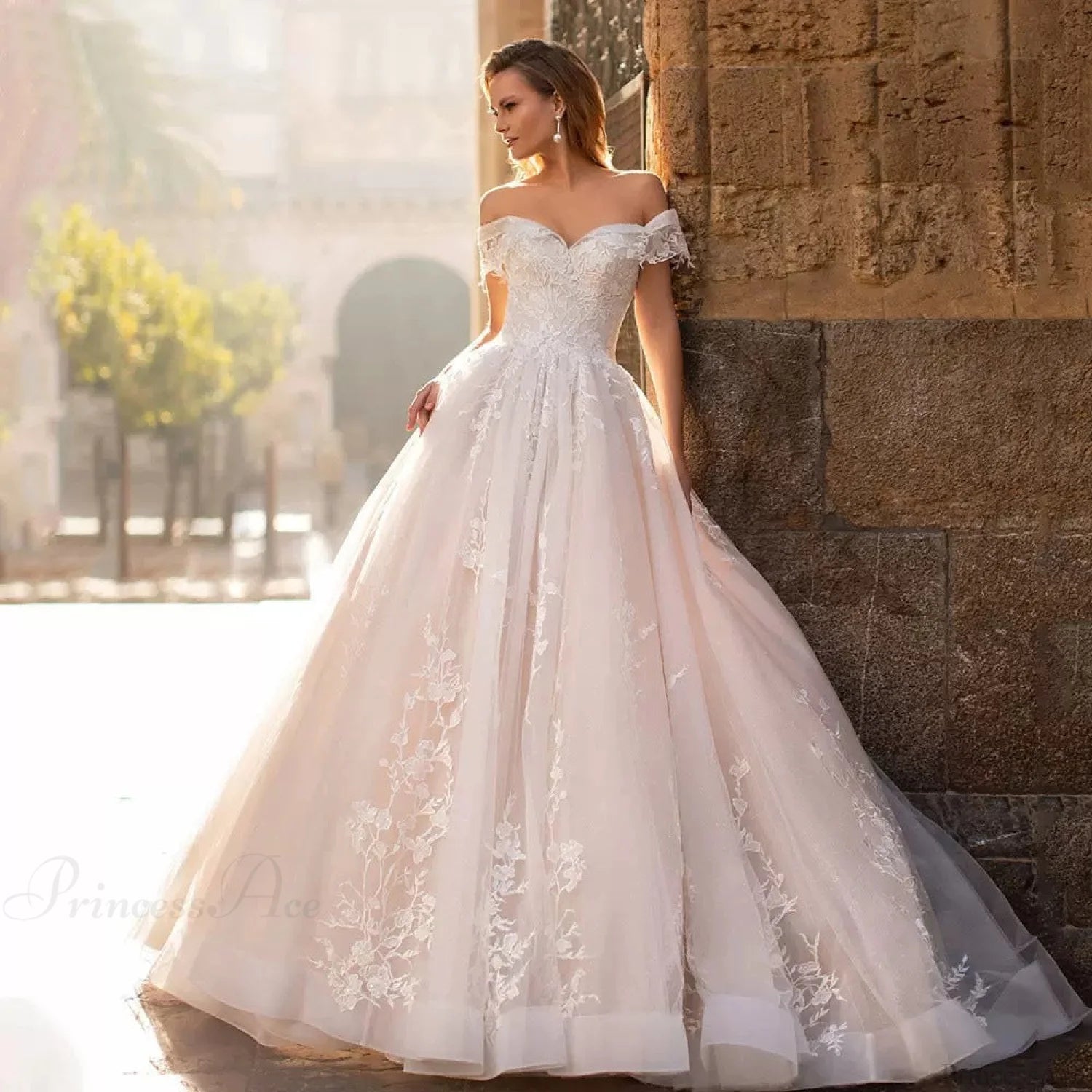 Off-Shoulder Starry Sheer Wedding Dress weddingdress-250223