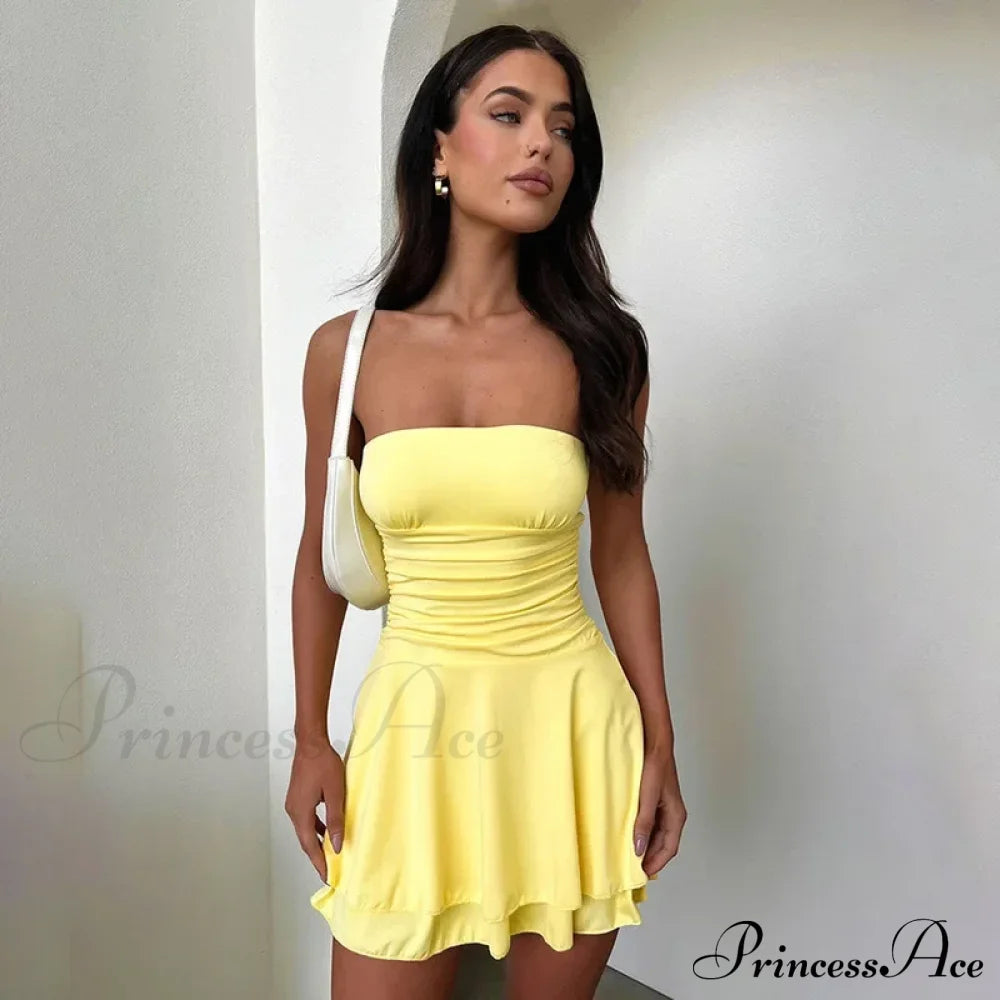 Off Shoulder Strapless A-Line Mini Dress Yellow / S