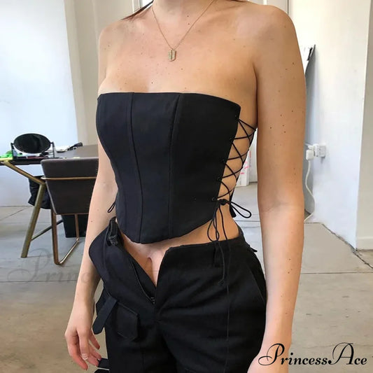 Off Shoulder Strapless Lace Up Bustier Corset Crop Top