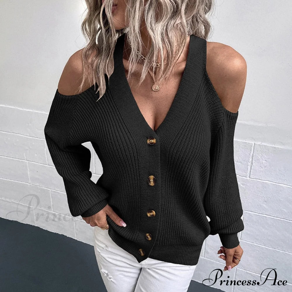 Off Shoulder Sweater High Quality Simple Knit Cardigan Black / S