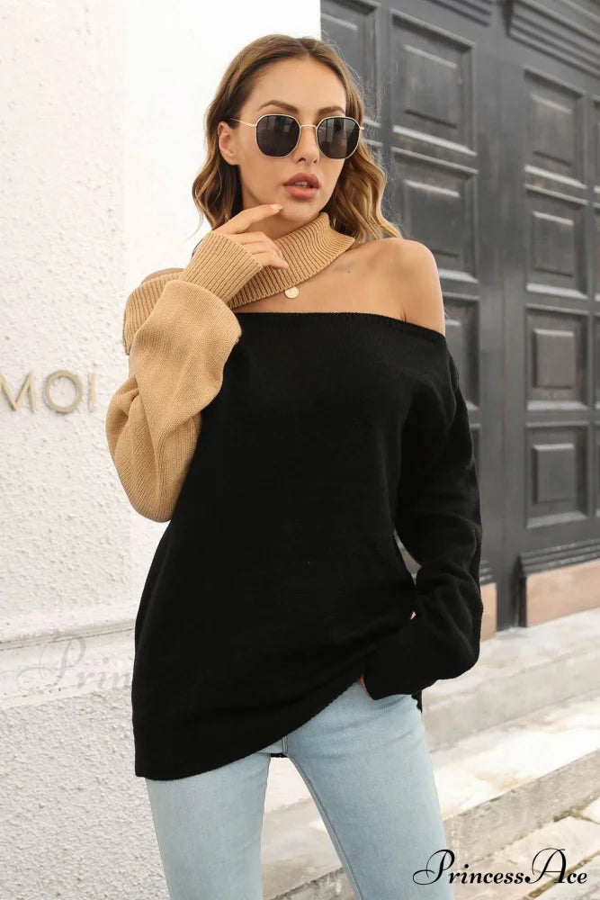 Off Shoulder Sweater With Contrast Colors Black / L Sweaters-L