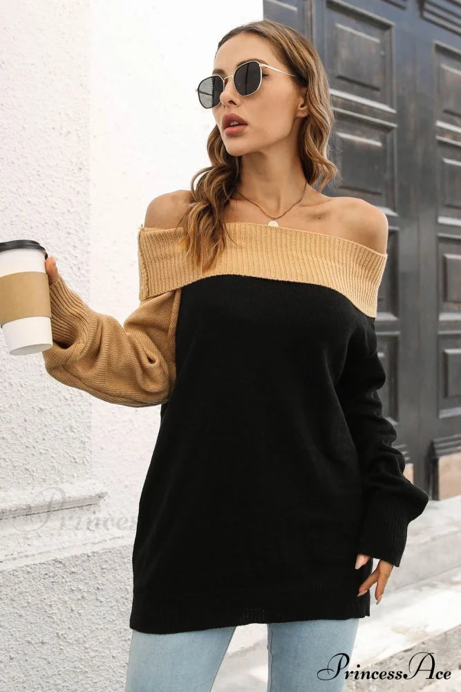 Off Shoulder Sweater With Contrast Colors Sweaters-L