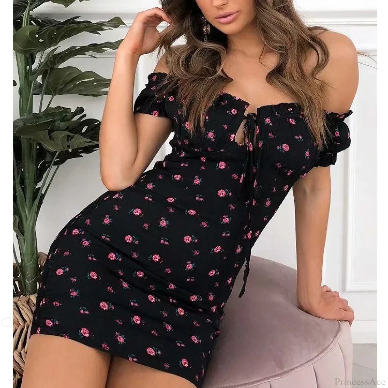 Off Shoulder Tie-Up Floral Print Ruffle Floral Dress Black / S floraldress-250126