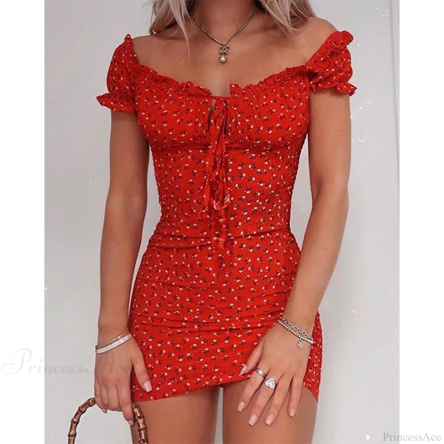 Off Shoulder Tie-Up Floral Print Ruffle Floral Dress Red / S floraldress-250126