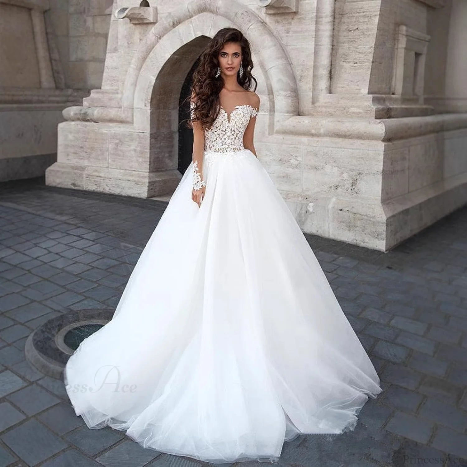 Off-Shoulder V-Neck Sheer Wedding Dress weddingdress-250223