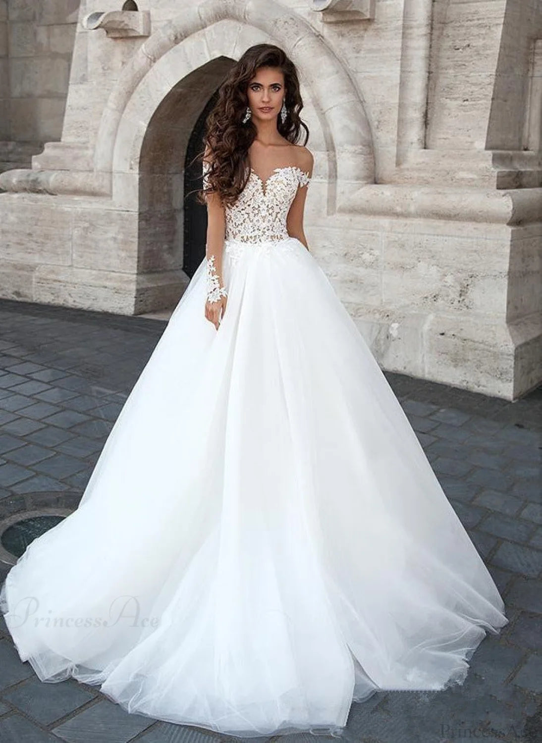 Off-Shoulder V-Neck Sheer Wedding Dress White / 2 weddingdress-250223