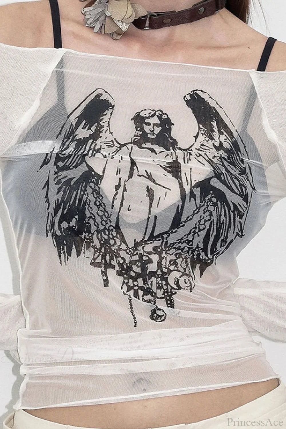 Off-the-shoulder Sheer Mesh Knit Printed Long Sleeve Tee