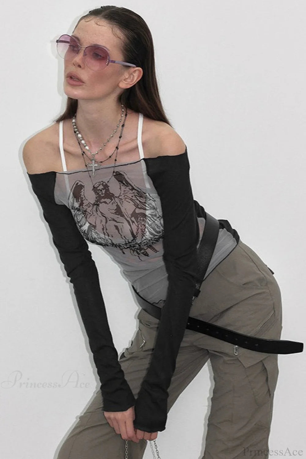 Off-the-shoulder Sheer Mesh Knit Printed Long Sleeve Tee Black / S