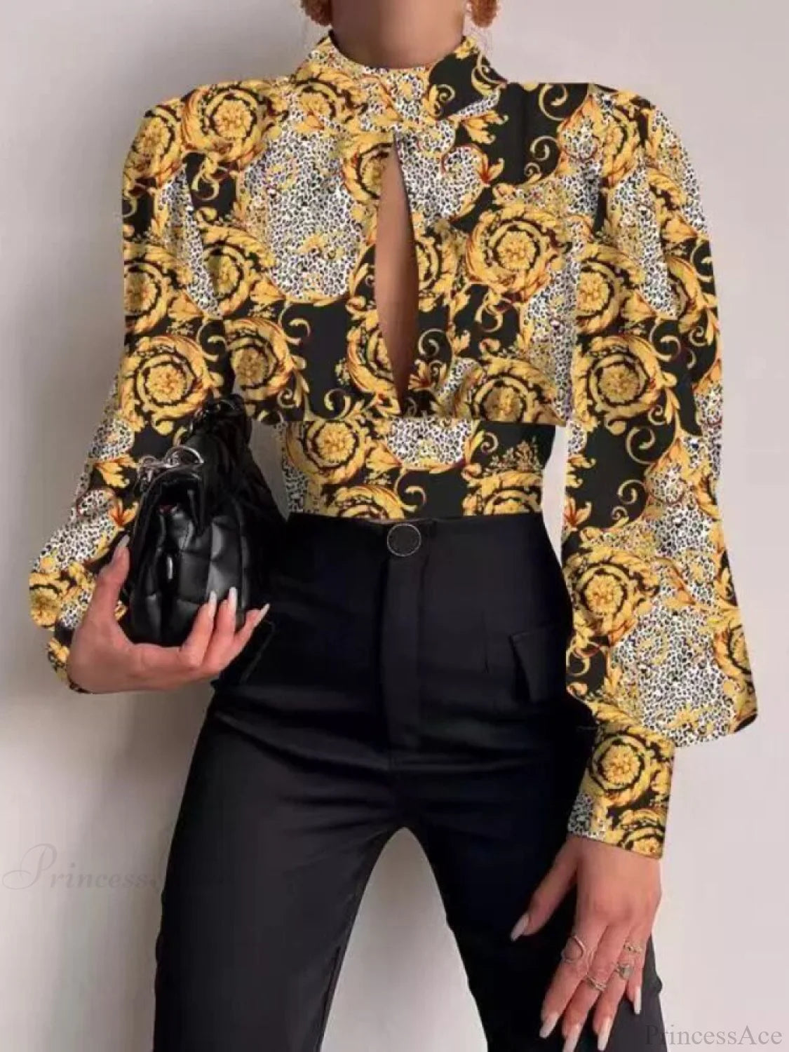 Office Ladyslim Stand Collar Long Sleeve Blouse Yellow / S