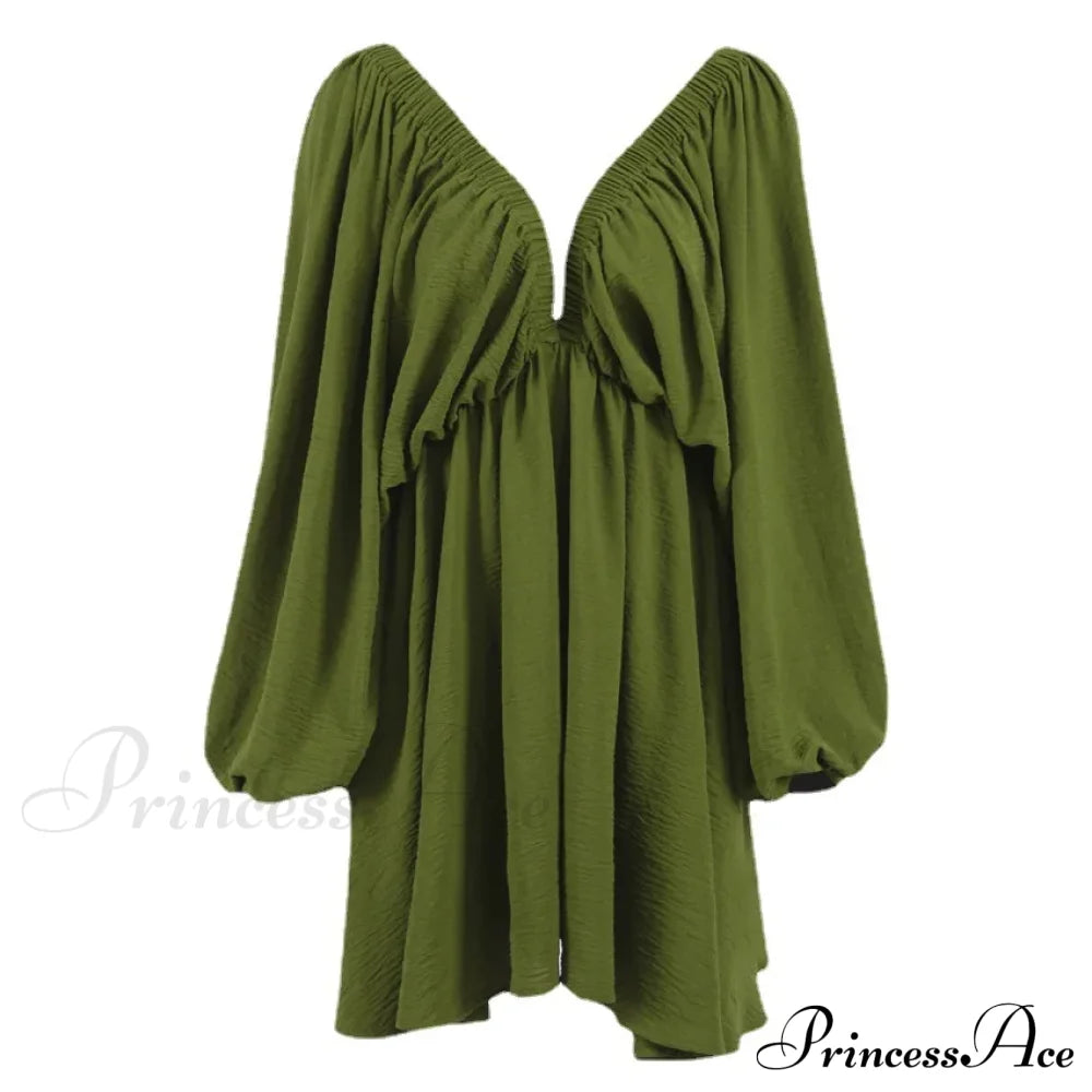 Office Low Cut Pleated Mini Dress Green / S