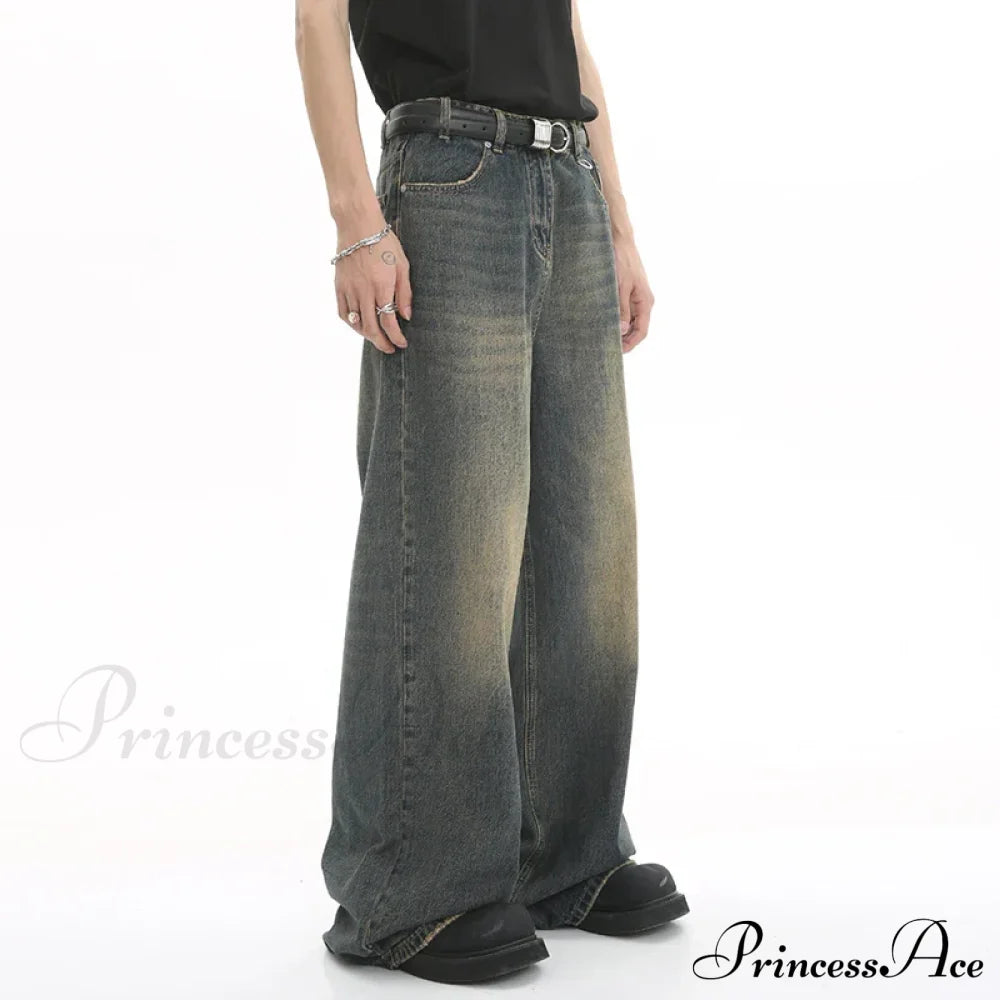 Old Male Pants Summer Blue Washed Denim Casual Menwear Wide Leg Trousers 2024 New Fashion Jeans