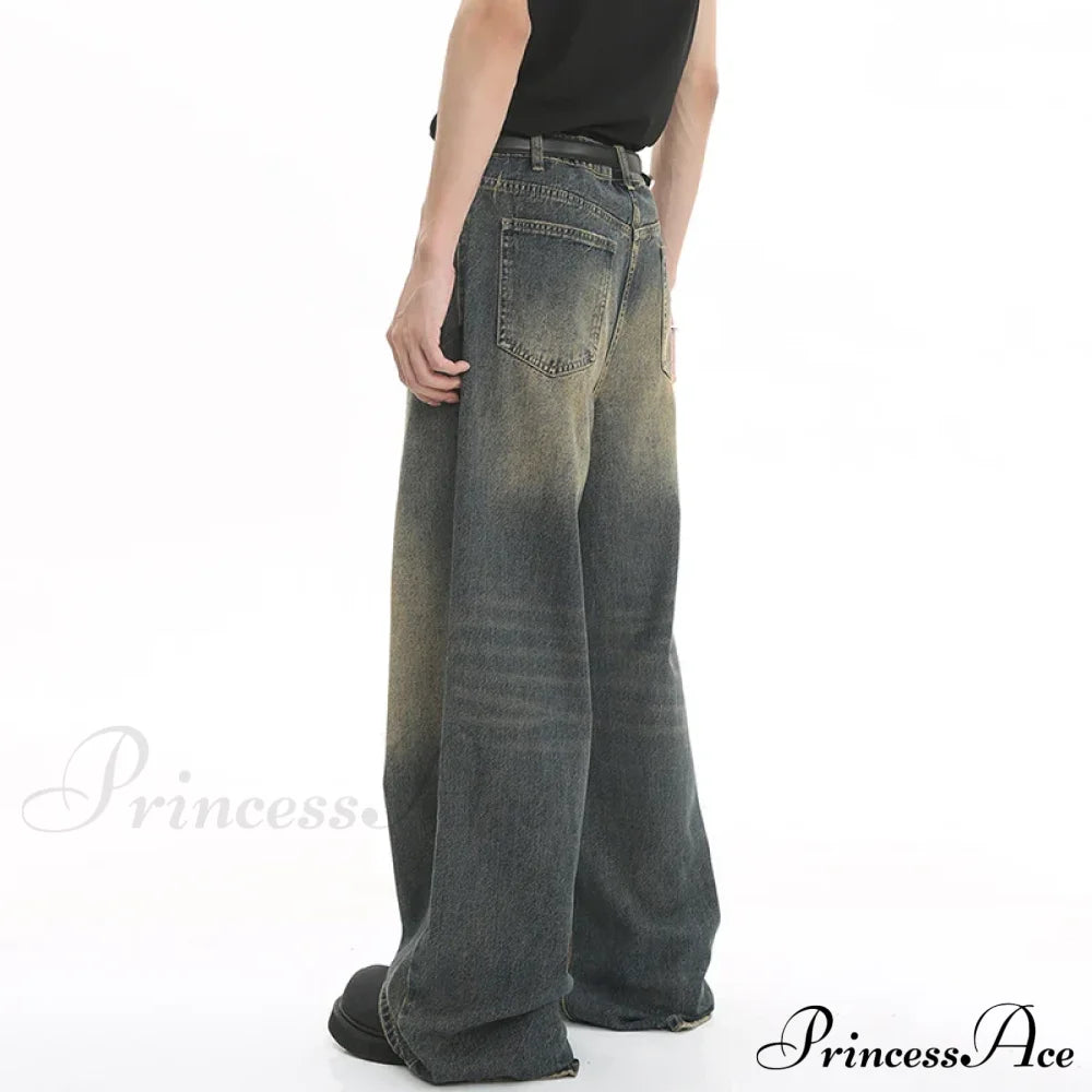 Old Male Pants Summer Blue Washed Denim Casual Menwear Wide Leg Trousers 2024 New Fashion Jeans