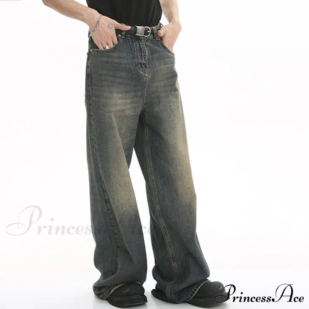 Old Male Pants Summer Blue Washed Denim Casual Menwear Wide Leg Trousers 2024 New Fashion Jeans