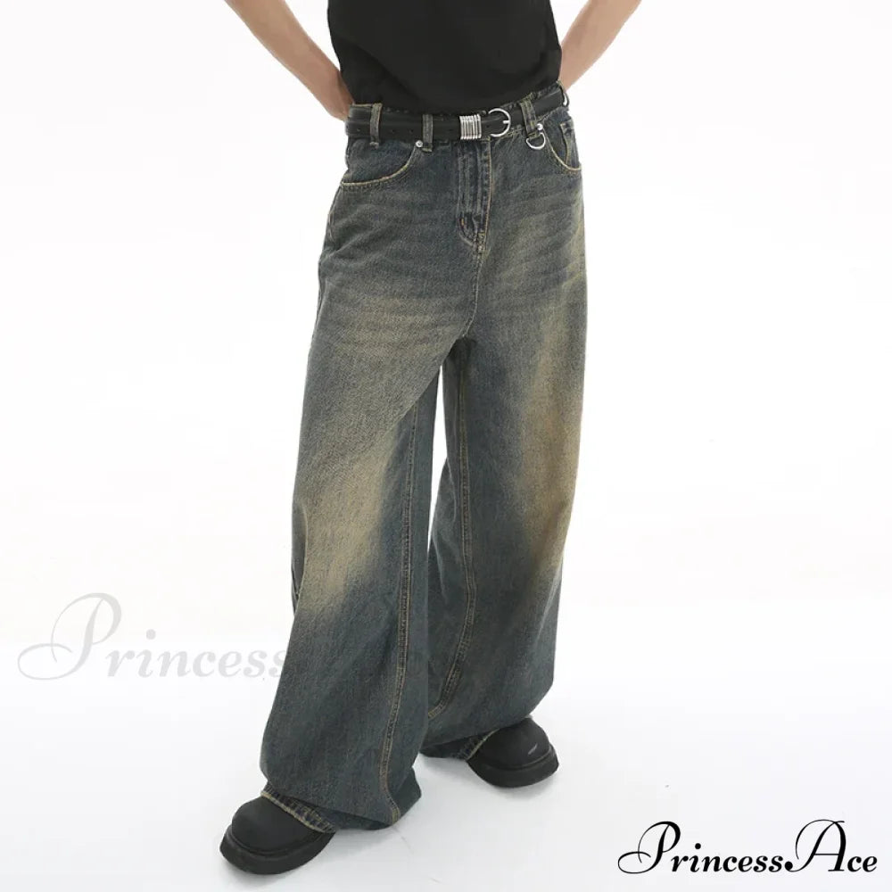 Old Male Pants Summer Blue Washed Denim Casual Menwear Wide Leg Trousers 2024 New Fashion Jeans /