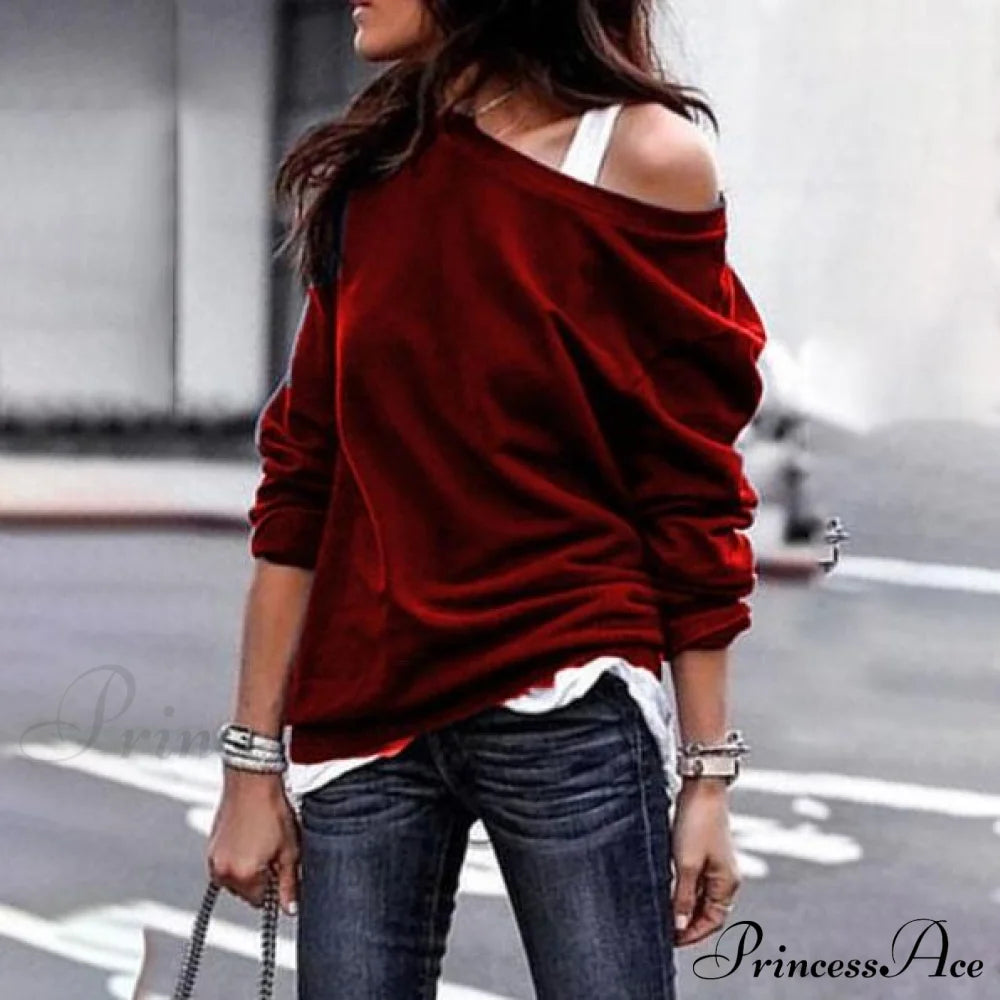 Women's New Fashion Style One Shoulder Soft Long Sleeve Top Wine Red __stock:50 clothes refund_fee:800 tops