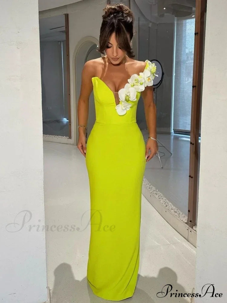 One Shoulder Floral Green Bandage Party Dress Partydress-241208