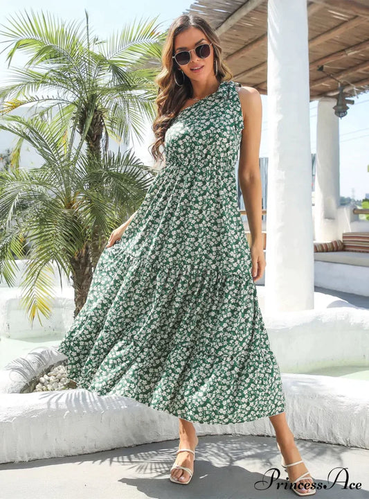 One-Shoulder Flowered Ruffled For Gown Holidays S / Green Dresses