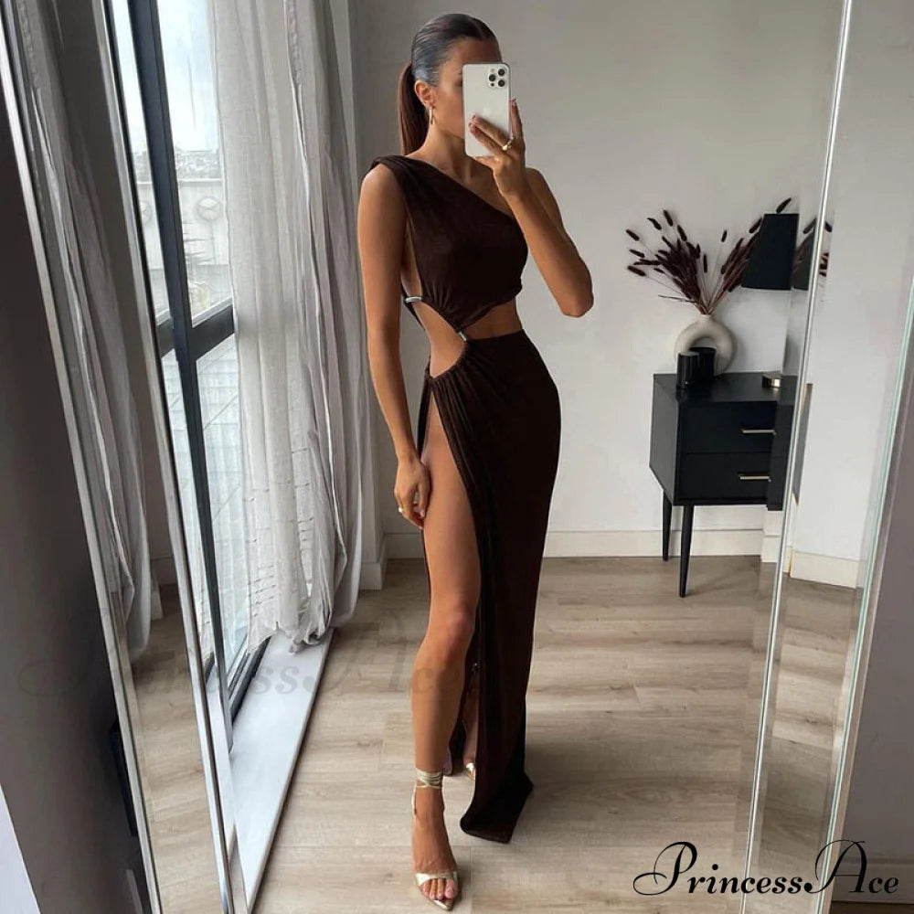 One Shoulder High Split Graceful O-Ring Long Maxi Dress