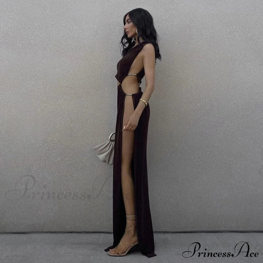 One Shoulder High Split Graceful O-Ring Long Maxi Dress