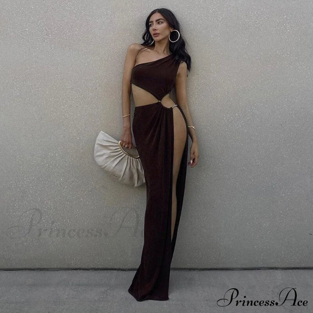 One Shoulder High Split Graceful O-Ring Long Maxi Dress