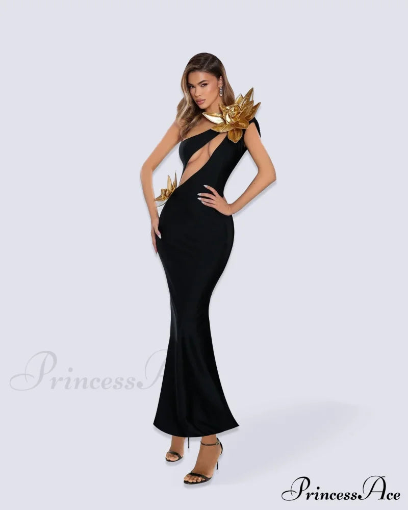 One-Shoulder Hollow Out Bodycon Party Dress Black / Xs Partydress-241208