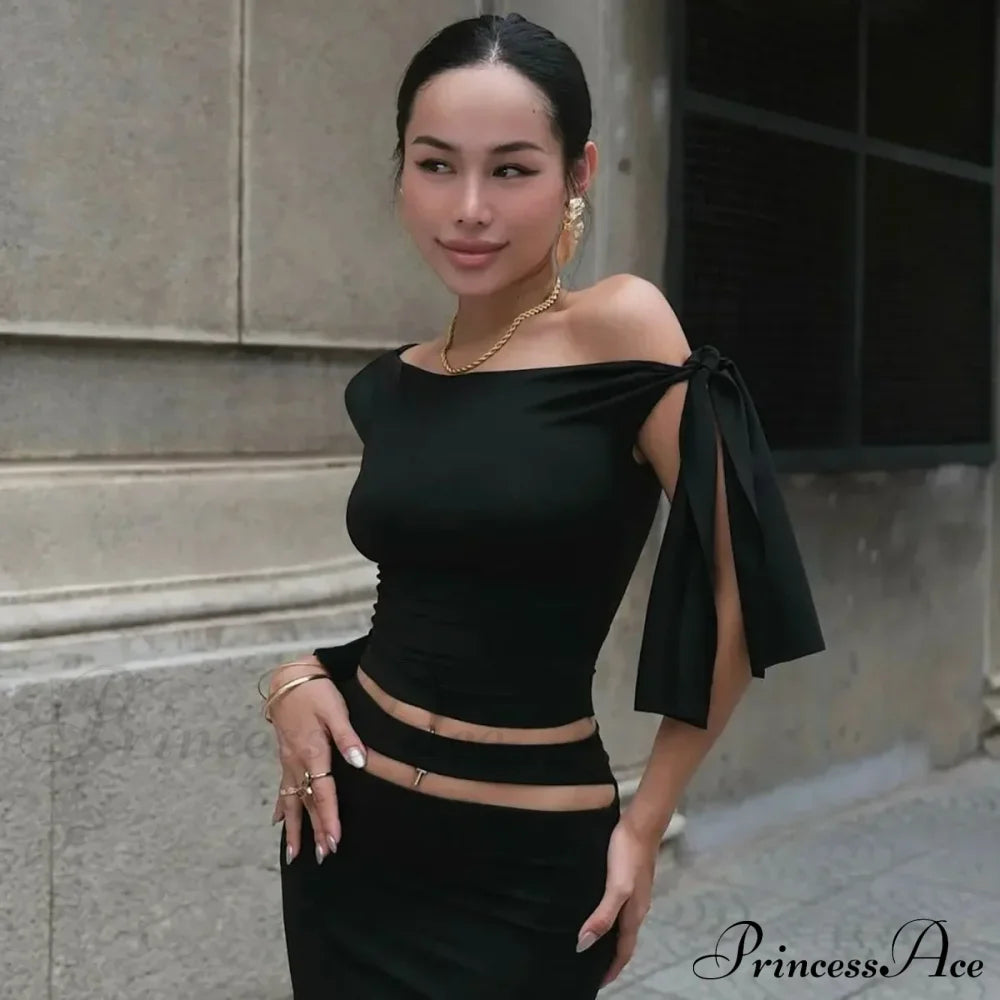 One Shoulder Long Charming Sleeve Tie Up Top Lace Tees