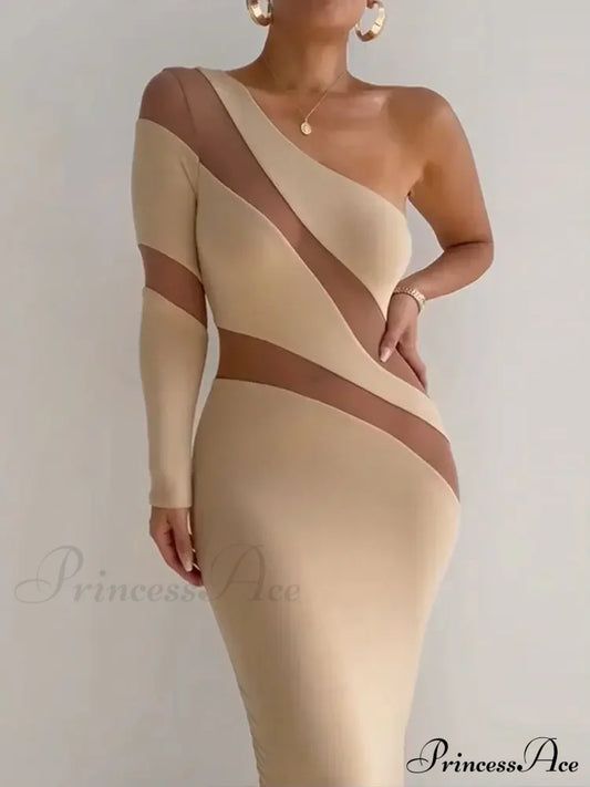 One Shoulder Mesh Maxi Dress Apricot / S