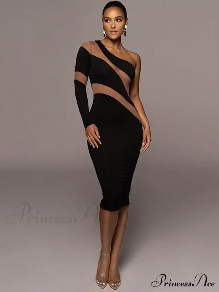 One Shoulder Mesh Maxi Dress Black / S